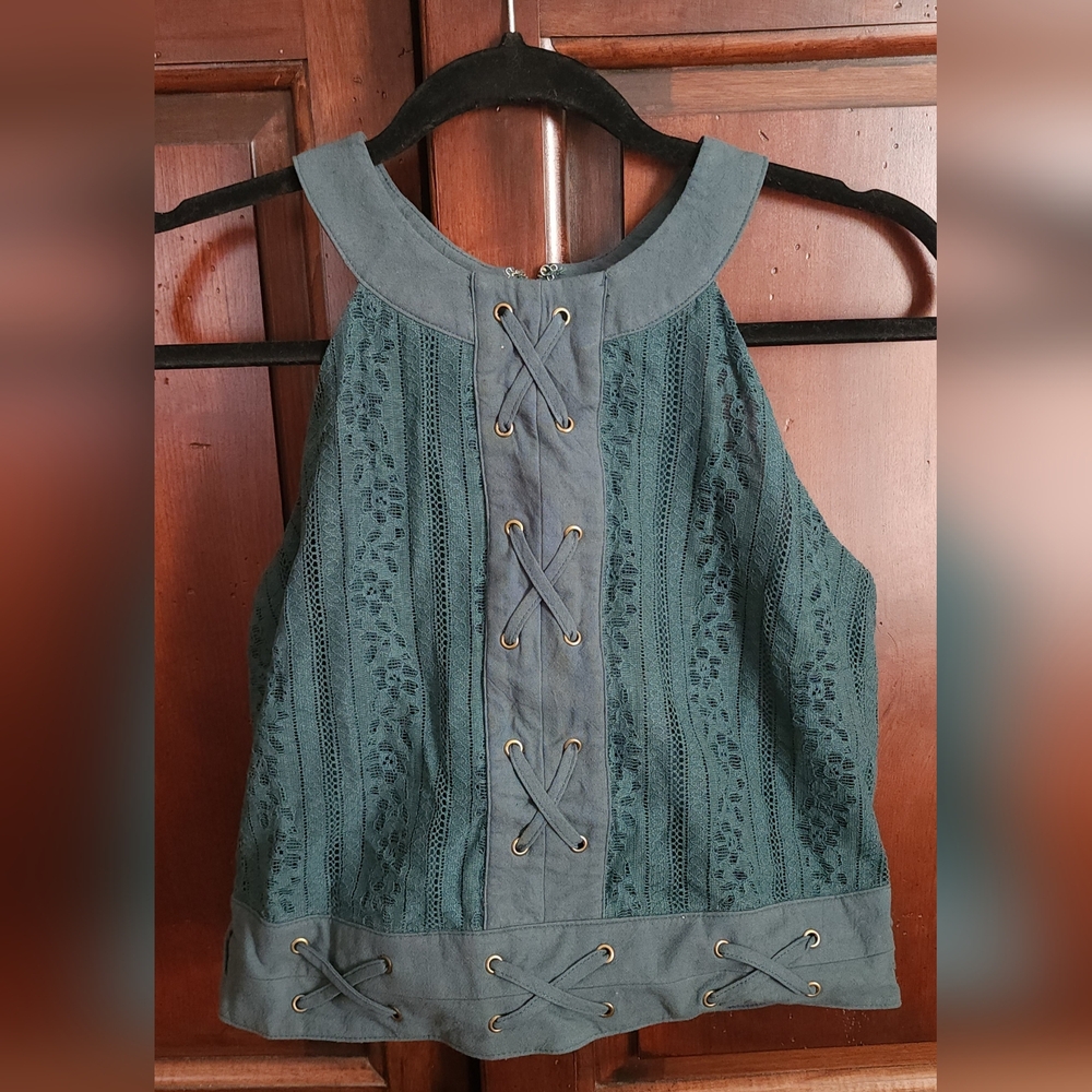 Moon River Anthropologie Green Lace-Up Halter Top, NWT
